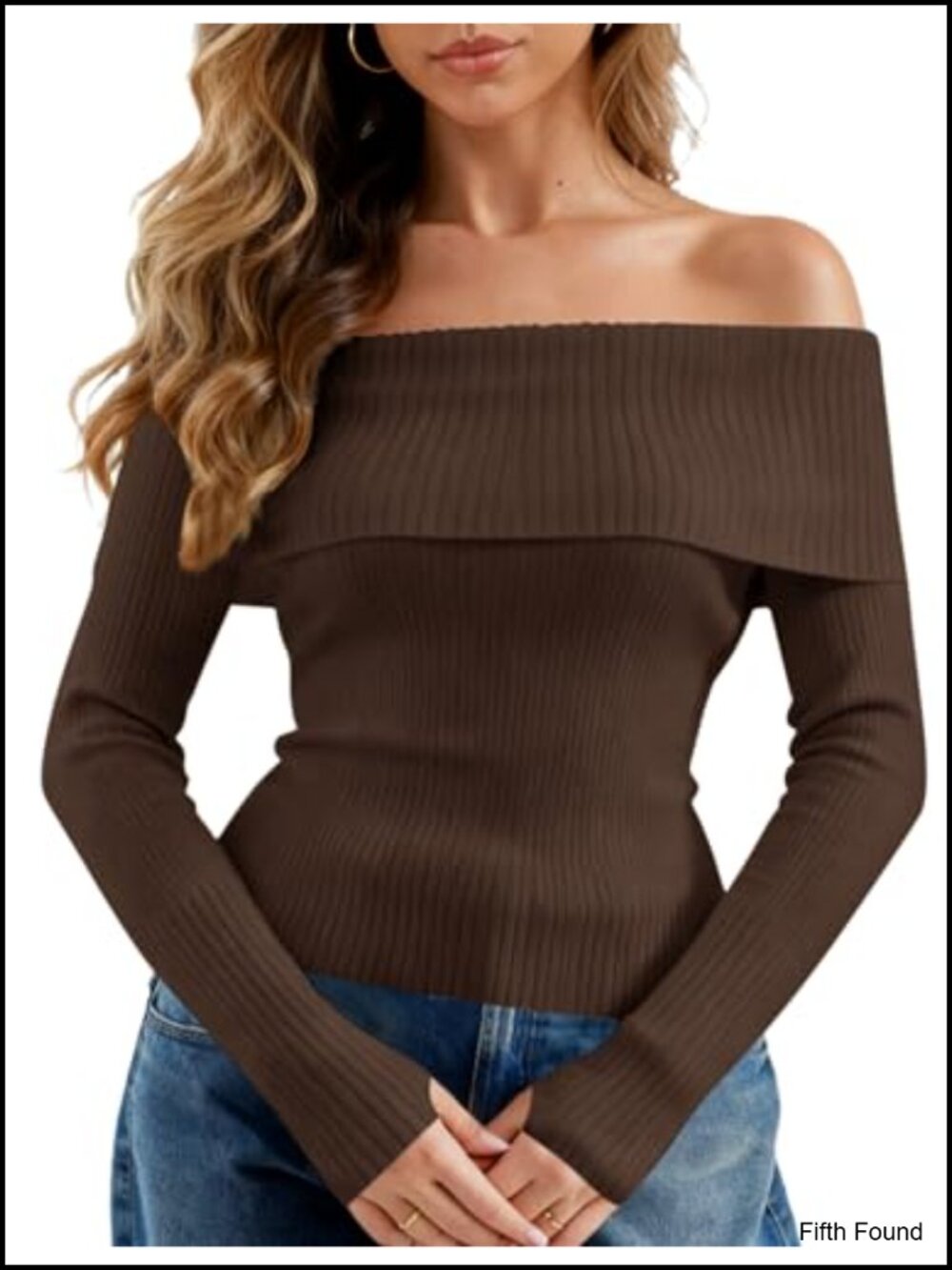 Off The Shoulder Ribbed Knit Sweater Slim Fit Thumbhole Long Sleeve Pullover